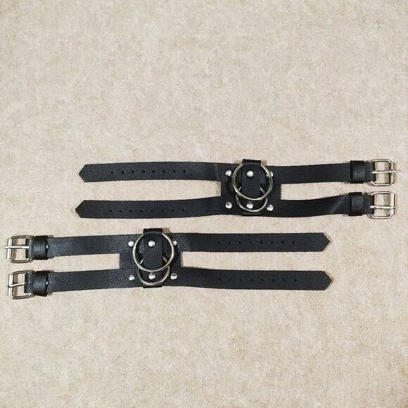 Black Leather Wrist Bracelets with Silver Rings #7 - Picture 3 of 4
